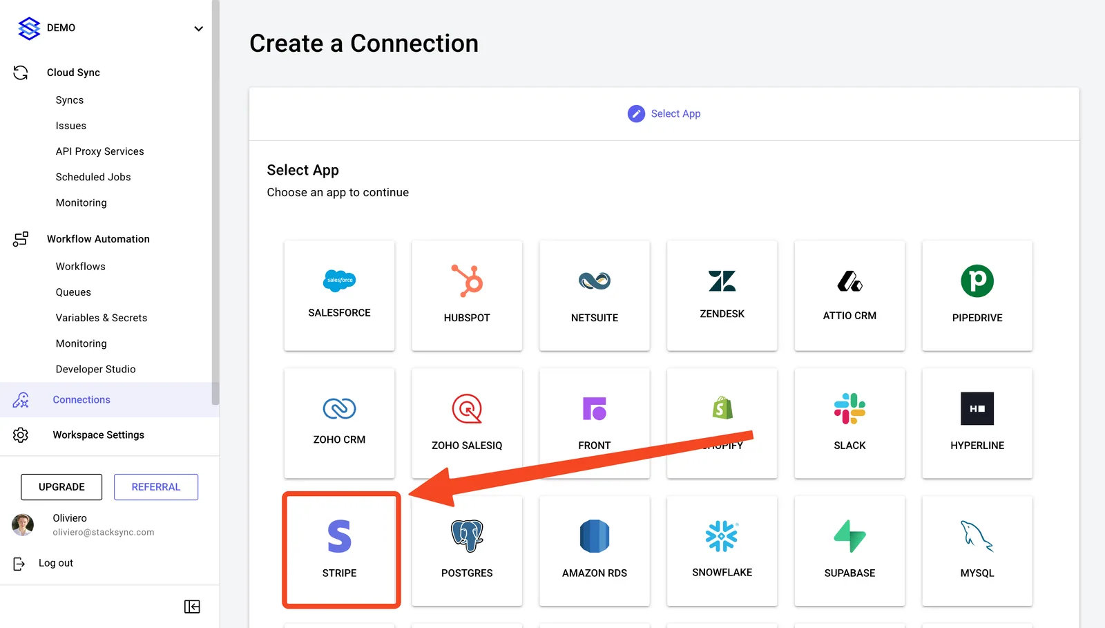 Stacksync "Create a Connection" app grid with the Stripe tile highlighted