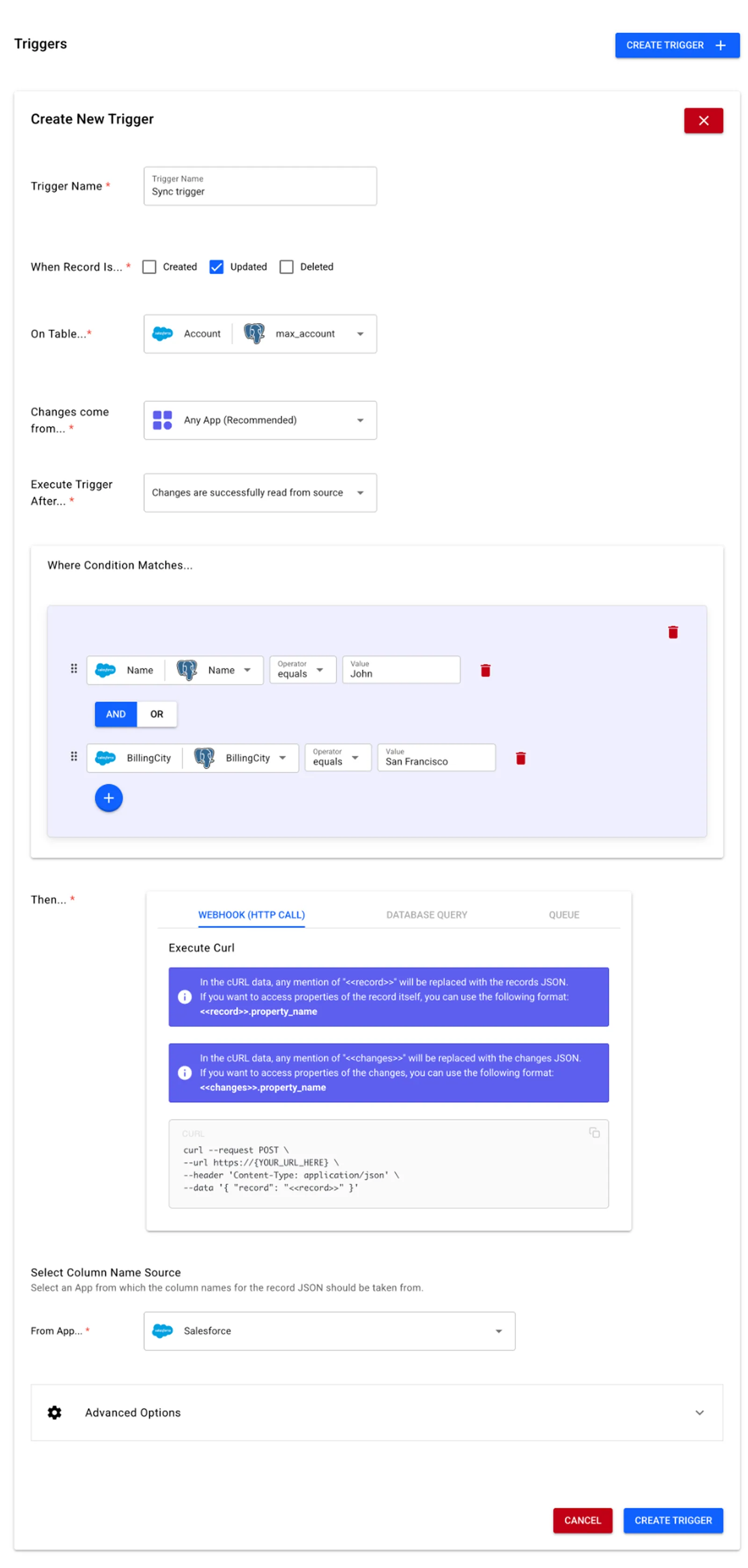 Create New Trigger form: Updated records on Account/max_account, Name and BillingCity conditions, and a webhook cURL action.