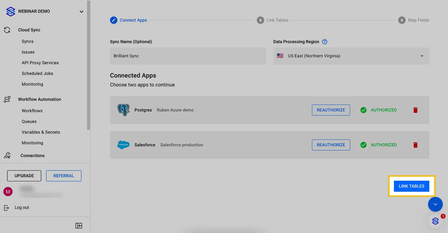 Stacksync Connect Apps step with Postgres and Salesforce both "AUTHORIZED" and the "LINK TABLES" button highlighted