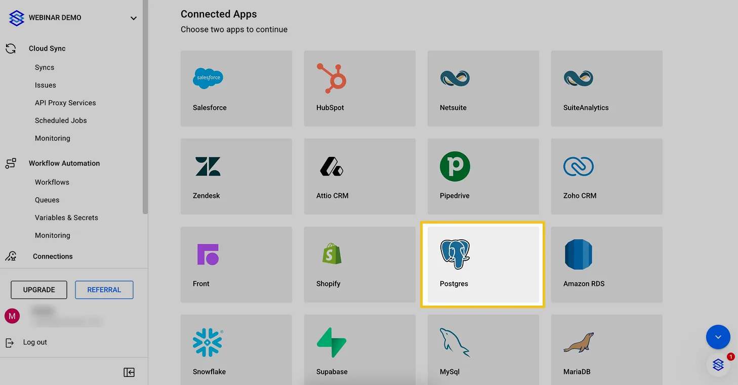 Stacksync "Connected Apps" grid with the Postgres tile highlighted for selection