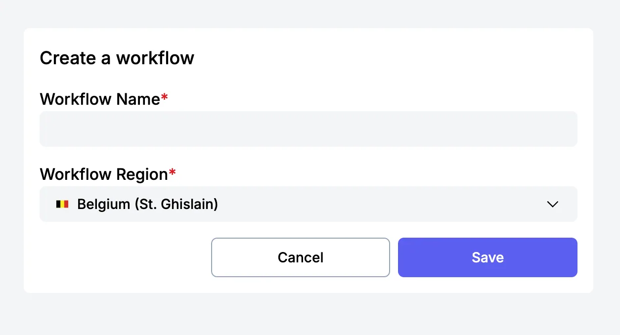 Stacksync "Create a workflow" dialog with Workflow Name and Workflow Region (Belgium) fields and Save button