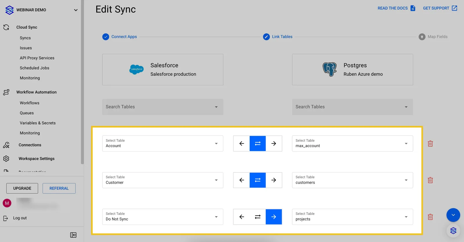 Edit Sync Link Tables step for Salesforce and Postgres, with direction arrows set to two-way for Account and Customer and one-way for projects.