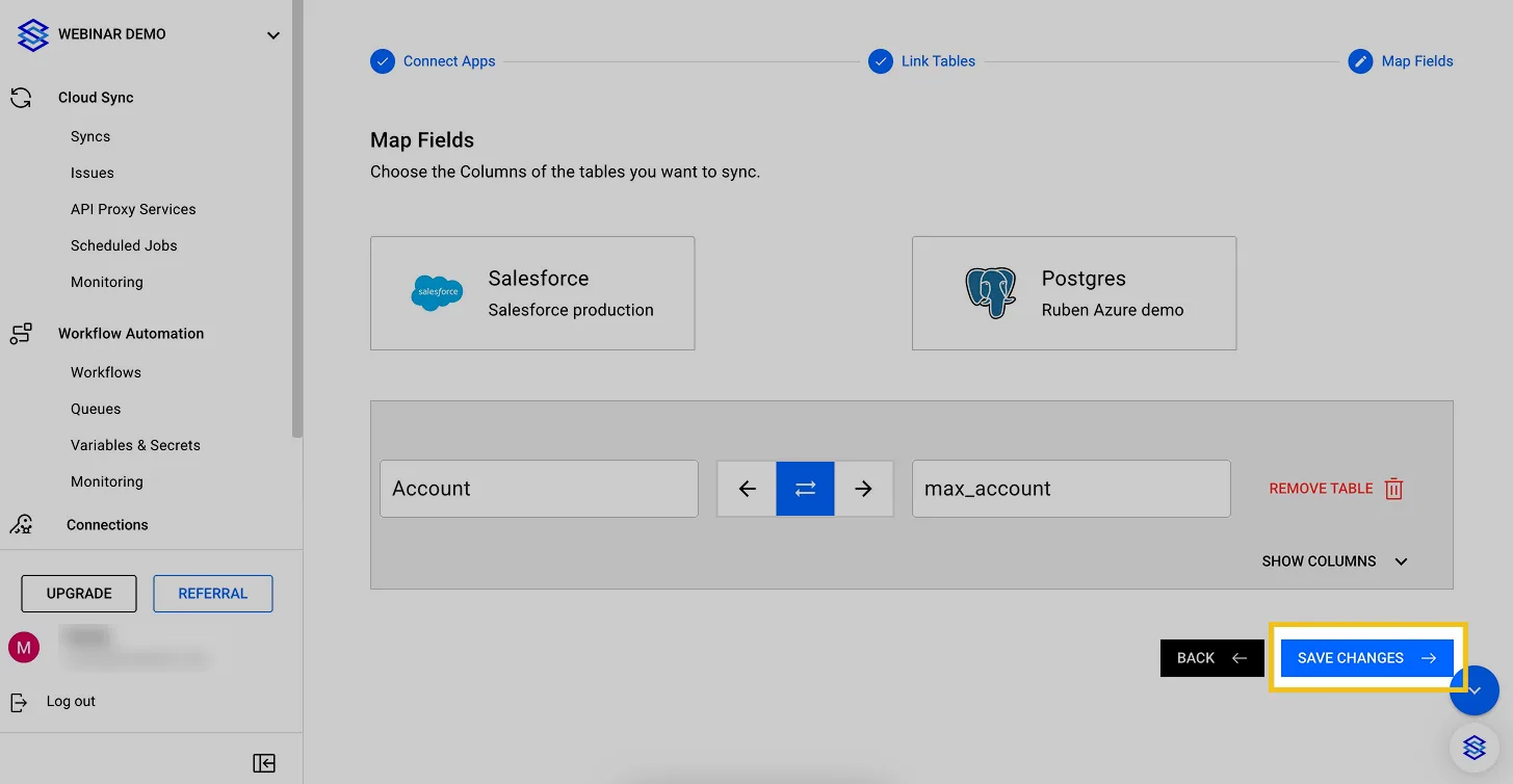 Edit Sync Map Fields step for Salesforce Account and Postgres max_account, with the "Save changes" button highlighted.