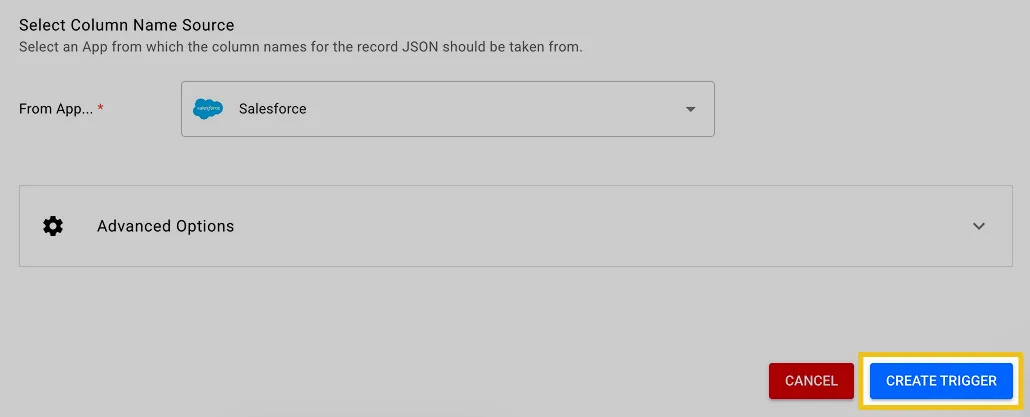 Trigger configuration form with Salesforce as column name source and the "CREATE TRIGGER" button highlighted