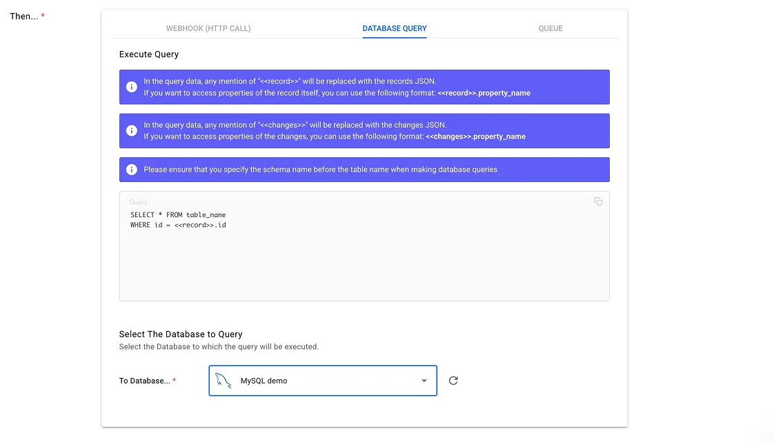 Trigger Database Query action with a SELECT using <<record>>.id, run against the "MySQL demo" database.