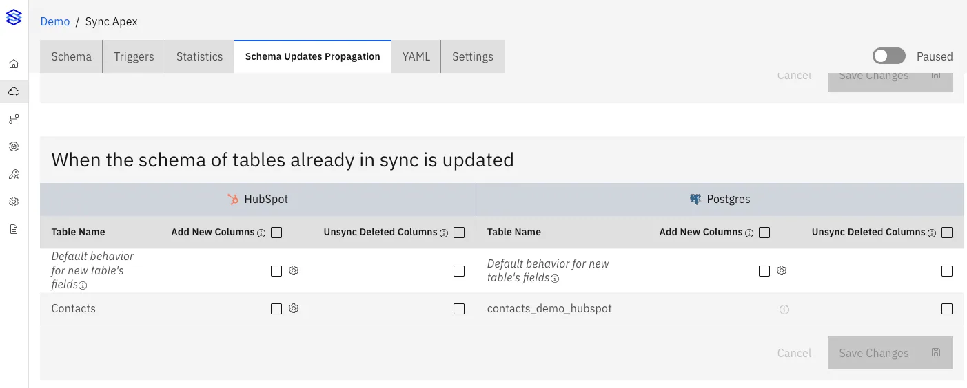 "When the schema of tables already in sync is updated" table with Add New Columns and Unsync Deleted Columns checkboxes for HubSpot and Postgres.