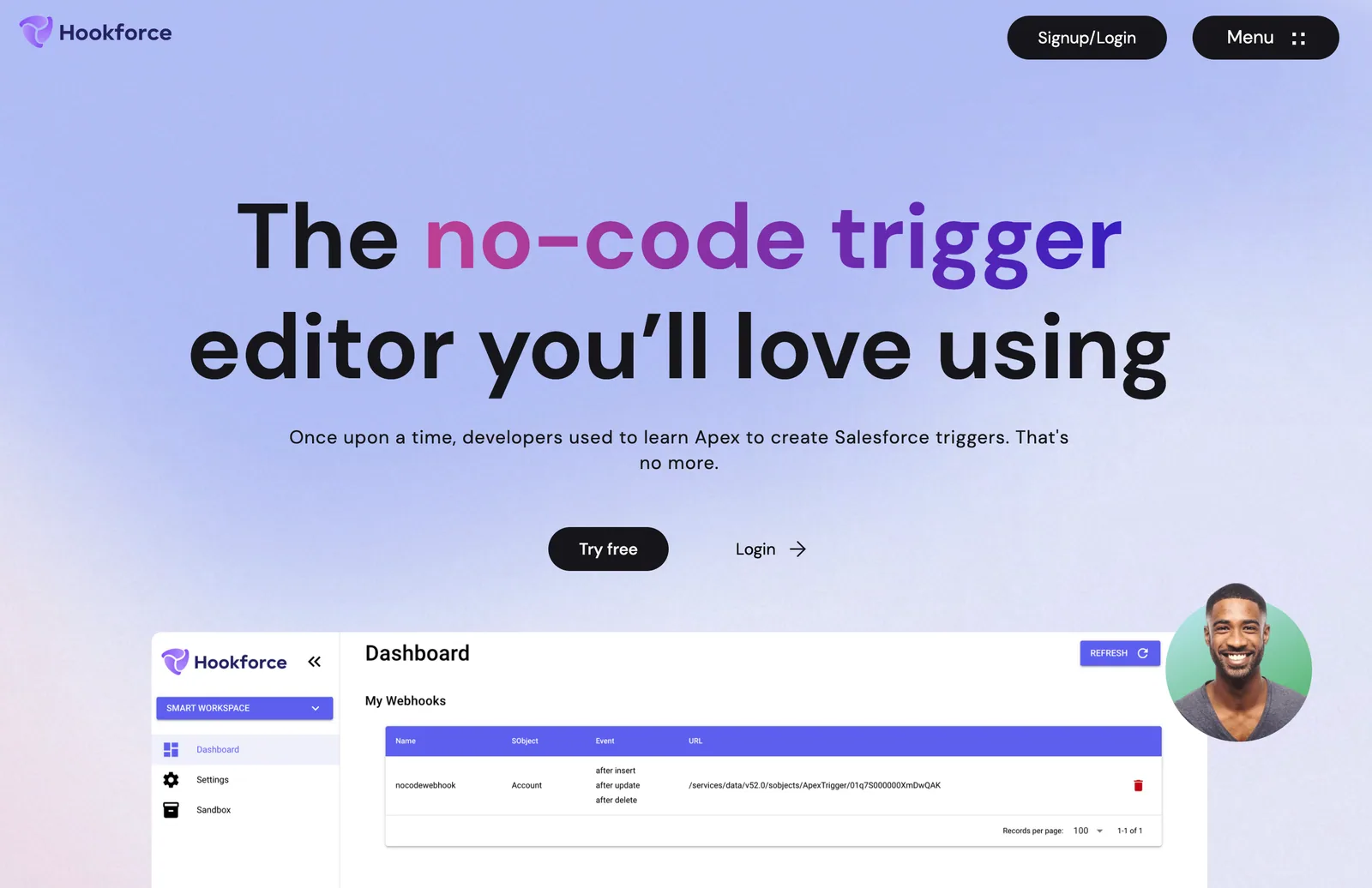Hookforce homepage, "The no-code trigger editor you'll love using", with a preview of the webhooks dashboard.
