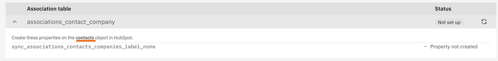 Expanded associations_contact_company row, status "Not set up", listing the rollup property to create on the HubSpot contacts object.