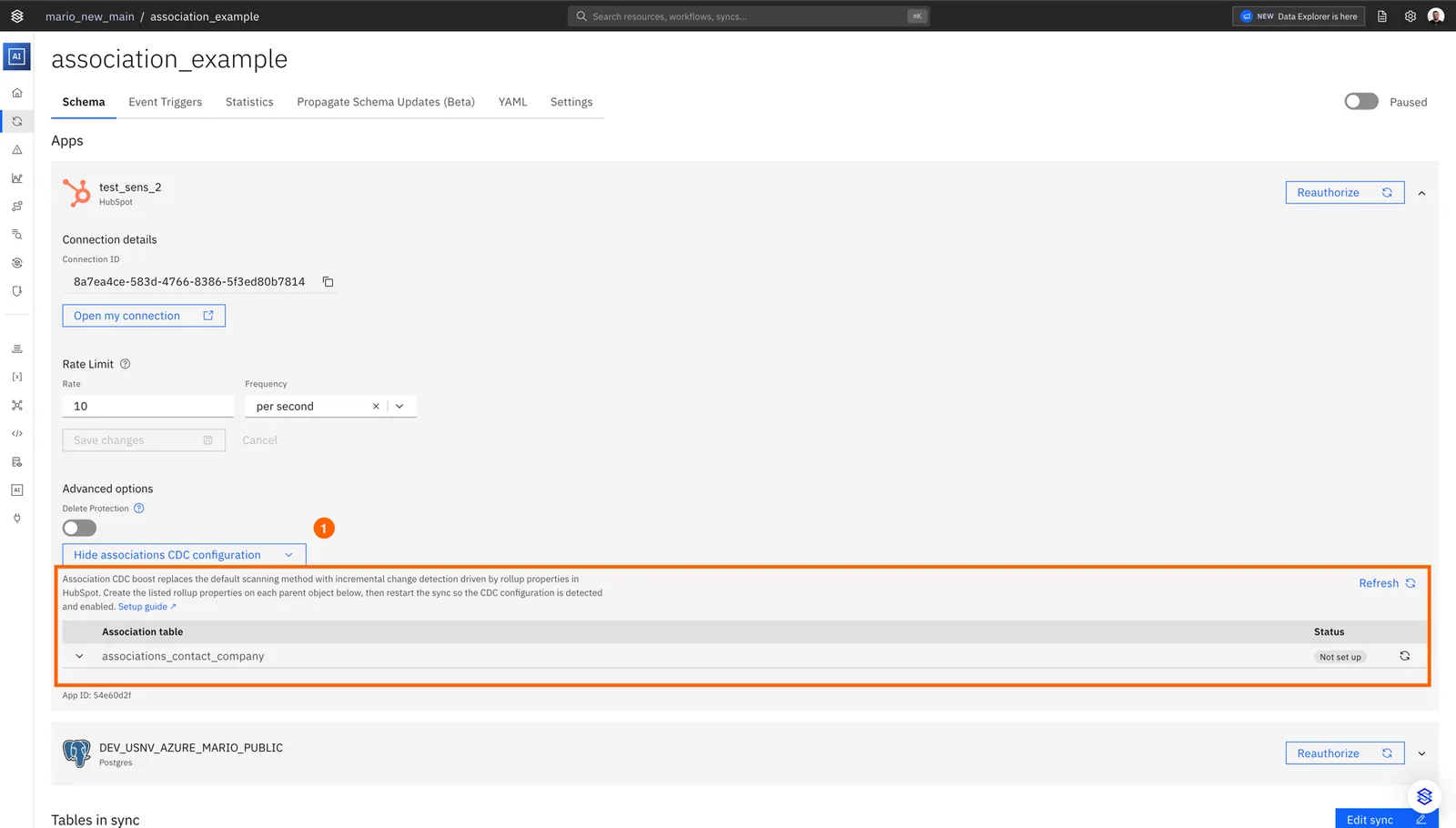 Stacksync HubSpot app section showing the associations CDC configuration table with "associations_contact_company" marked "Not set up".