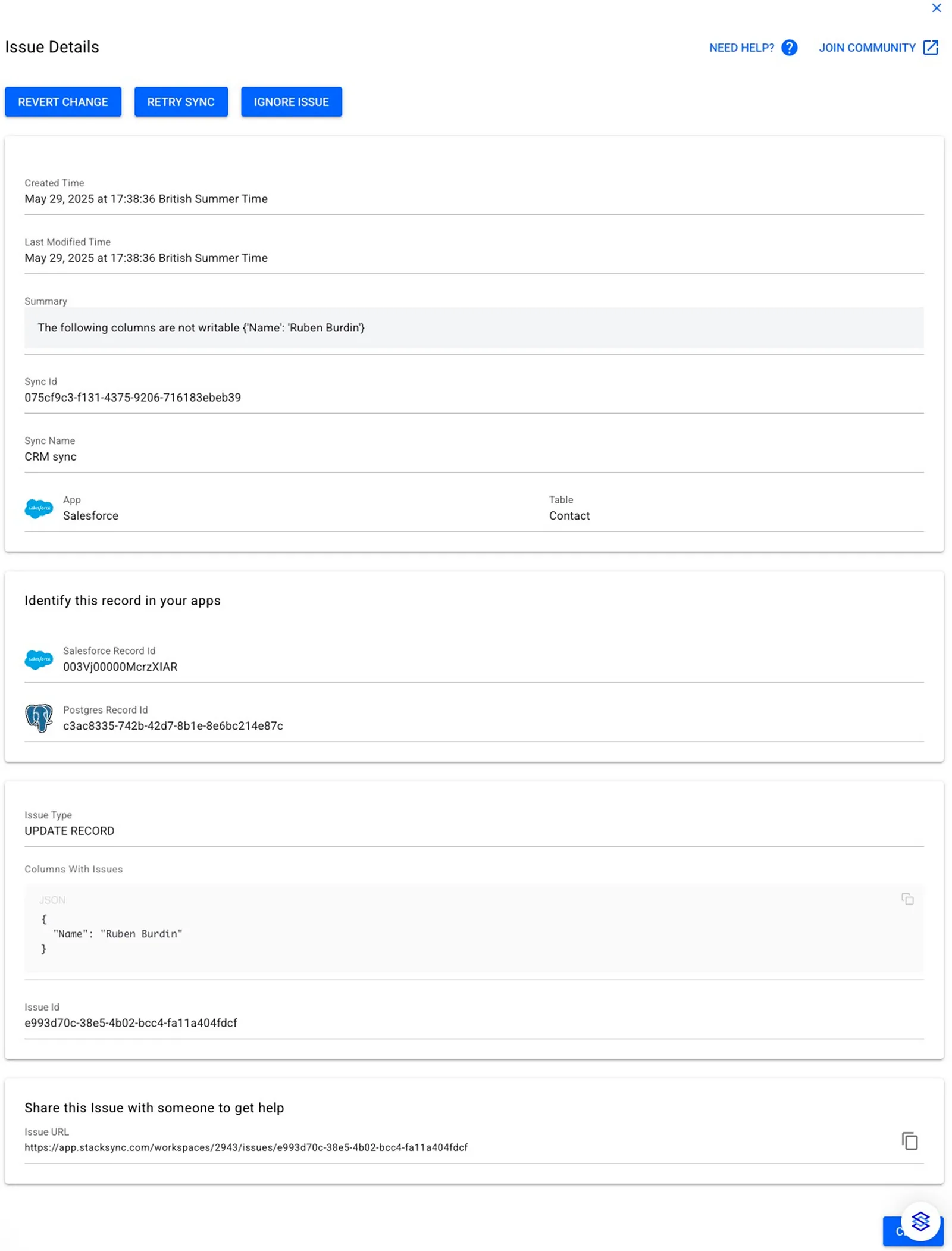 Full Issue Details report: summary, sync and app info, Salesforce and Postgres record Ids, issue type, columns with issues and shareable URL.