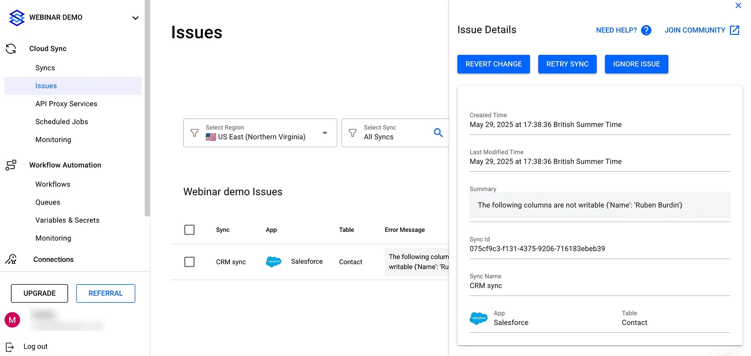 Issue Details panel opened from the Issues dashboard, with "Revert change", "Retry sync" and "Ignore issue" buttons and the issue summary.