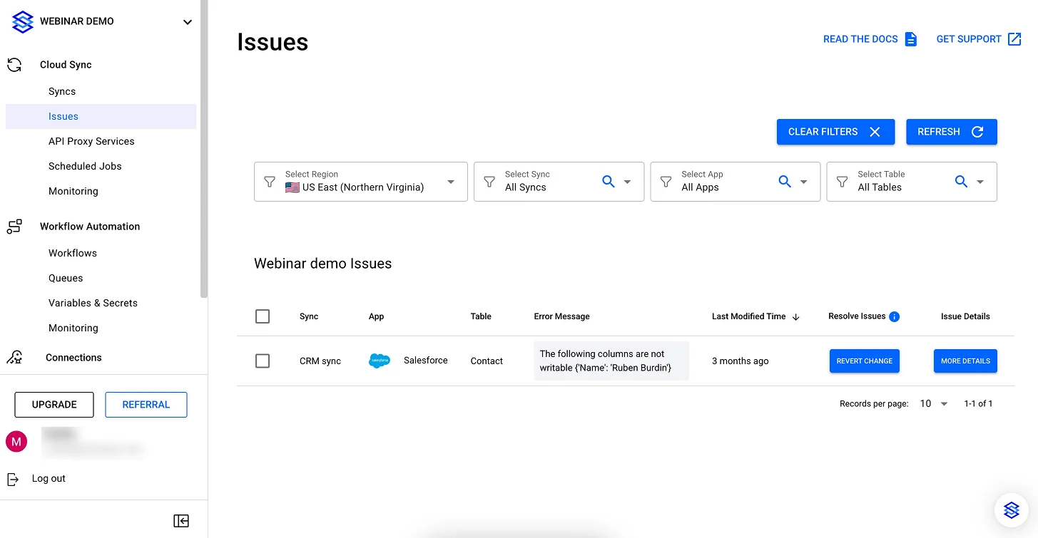 Stacksync Issues dashboard with region, sync, app and table filters, listing a Salesforce Contact issue with "Revert change" and "More details".