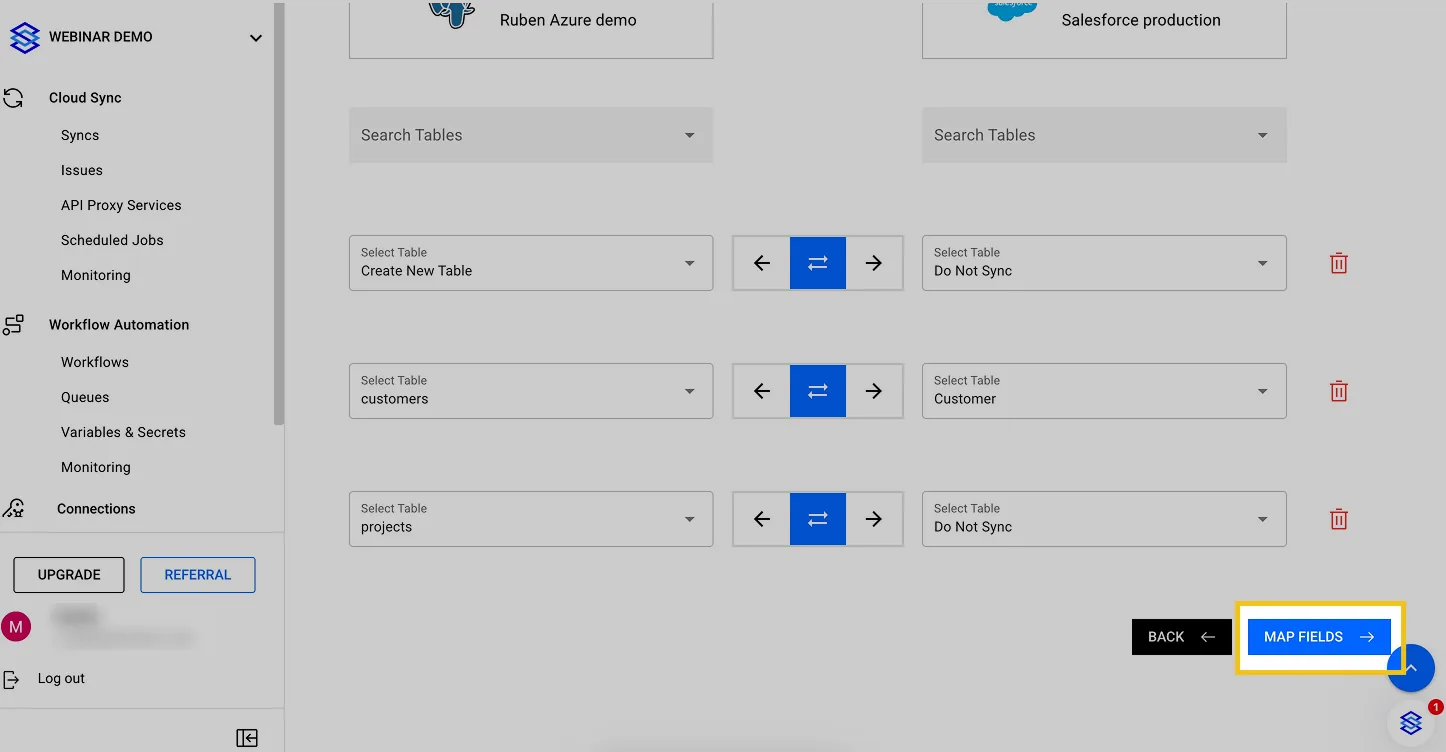 Link Tables step pairing Postgres customers with Salesforce Customer, with the "MAP FIELDS" button highlighted
