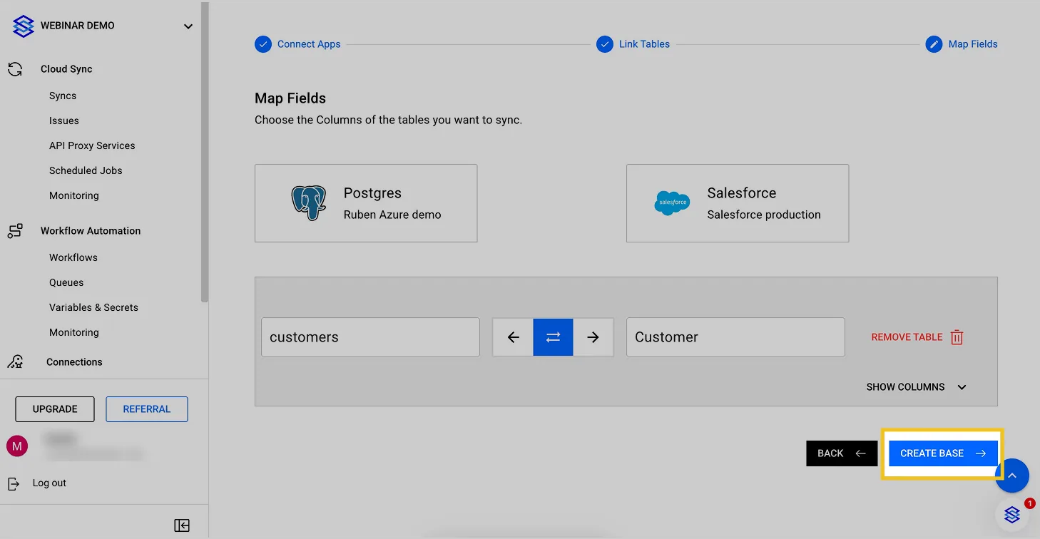 Stacksync Map Fields step for customers to Customer with the "CREATE BASE" button highlighted