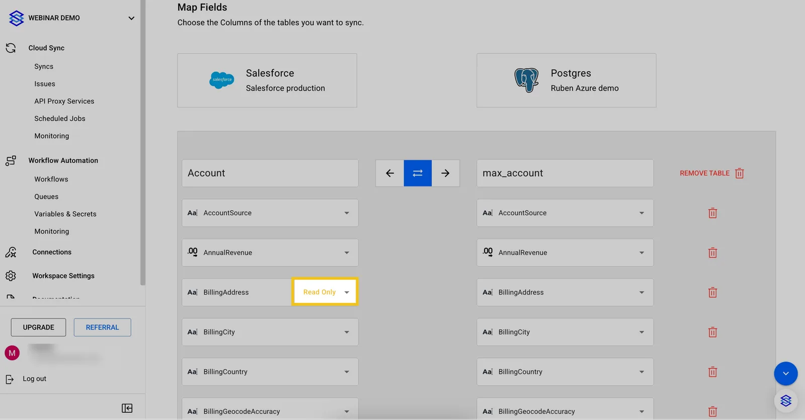 Map Fields step for Salesforce Account to Postgres max_account, with the BillingAddress field marked "Read Only" highlighted.