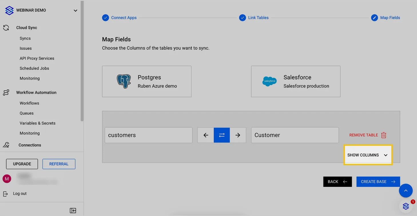 Stacksync Map Fields step for customers to Customer with the "SHOW COLUMNS" toggle highlighted