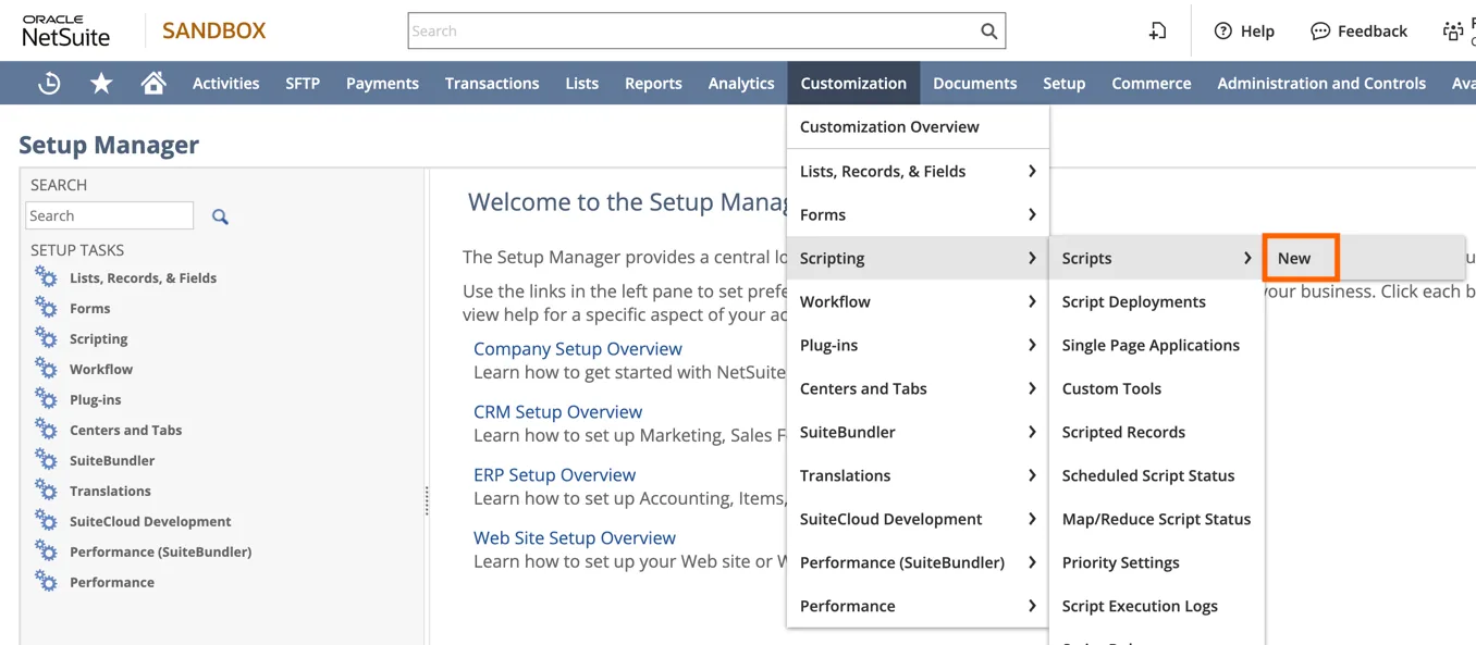 NetSuite Customization > Scripting > Scripts menu with the "New" option highlighted to create a new script.