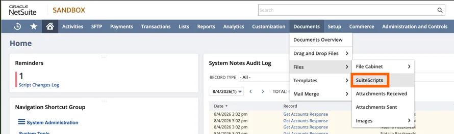 NetSuite Documents menu expanded to Files, with "SuiteScripts" highlighted.