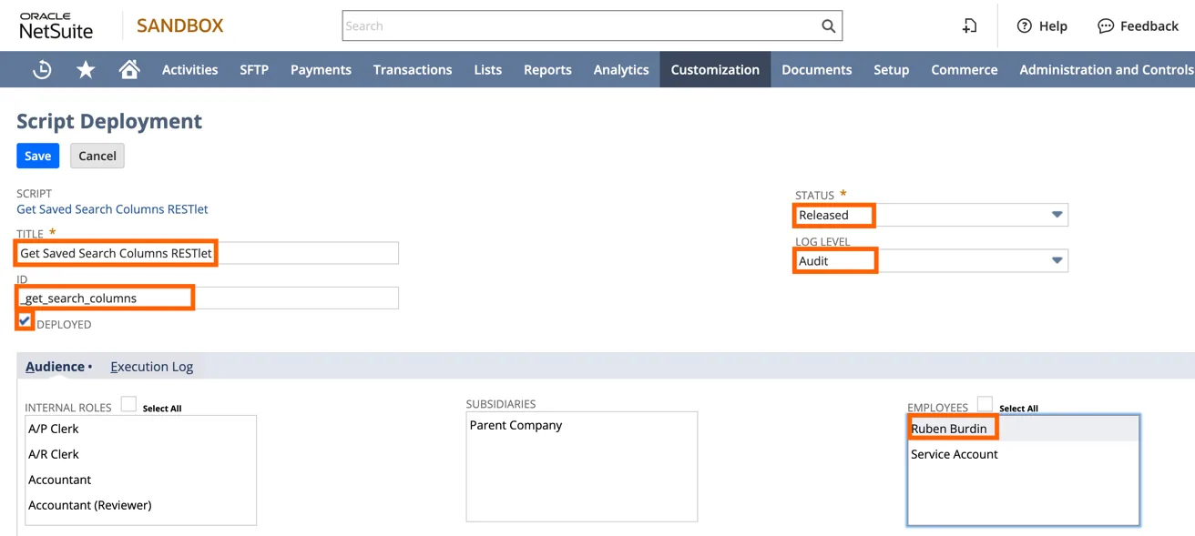 NetSuite Script Deployment form with title, ID, Deployed checked, Status "Released", Log Level "Audit" and an employee audience highlighted.