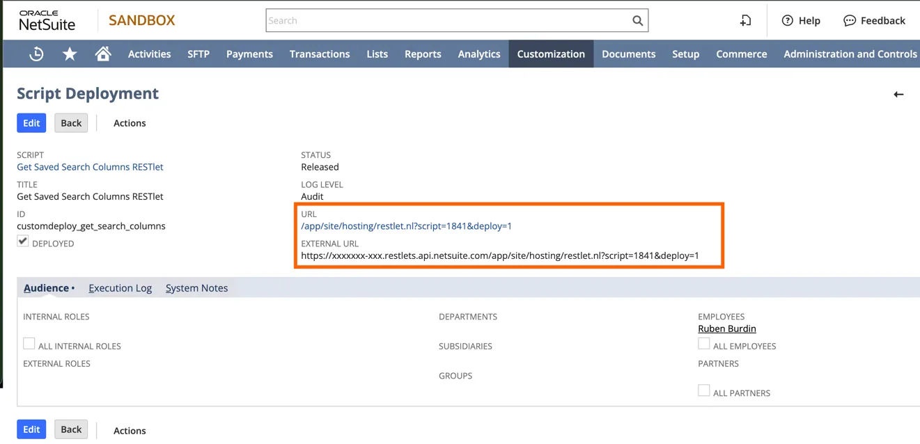 Saved NetSuite Script Deployment showing the RESTlet URL and External URL highlighted for use in Stacksync.