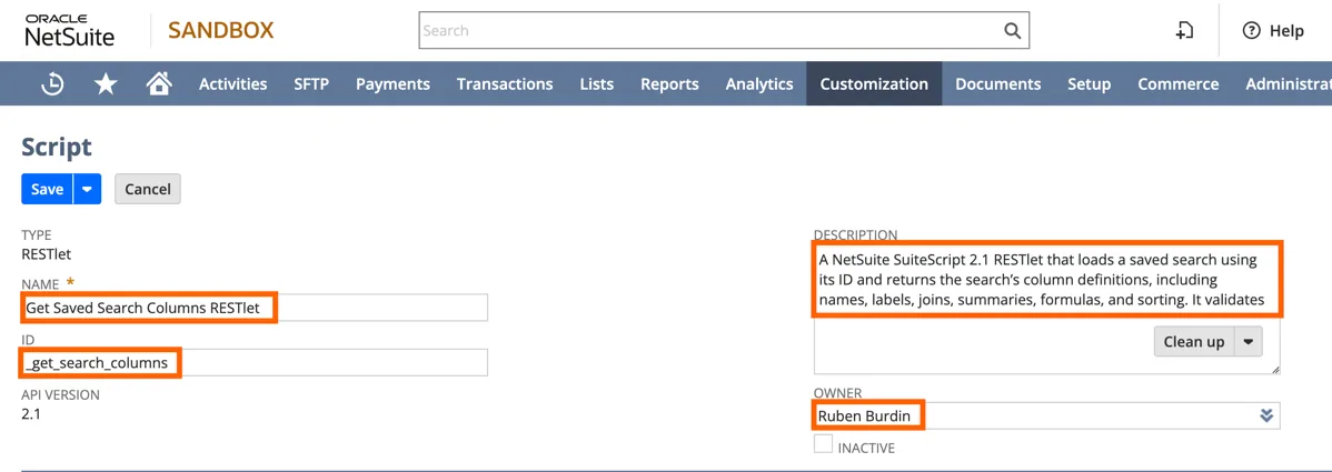 NetSuite RESTlet script record form with Name "Get Saved Search Columns RESTlet", ID "_get_search_columns", description and owner highlighted.
