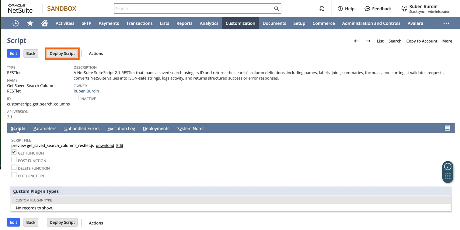 Saved NetSuite RESTlet script record for Get Saved Search Columns with the "Deploy Script" button highlighted.