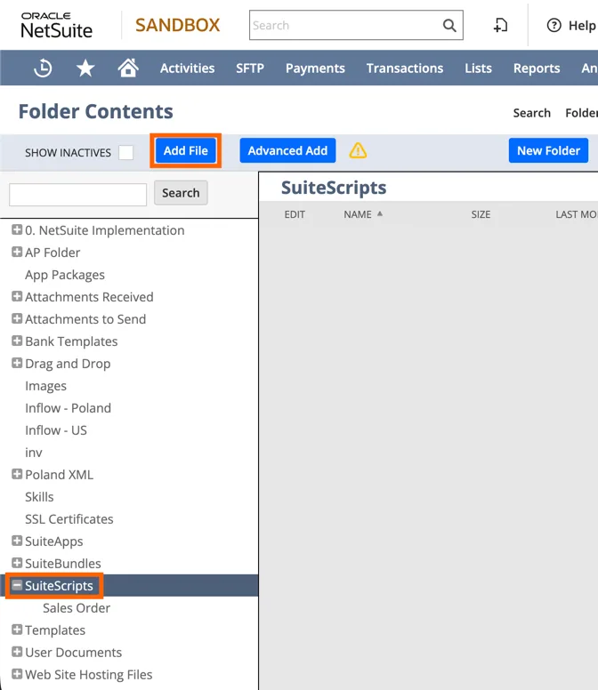 NetSuite Folder Contents page with the SuiteScripts folder selected and the "Add File" button highlighted.