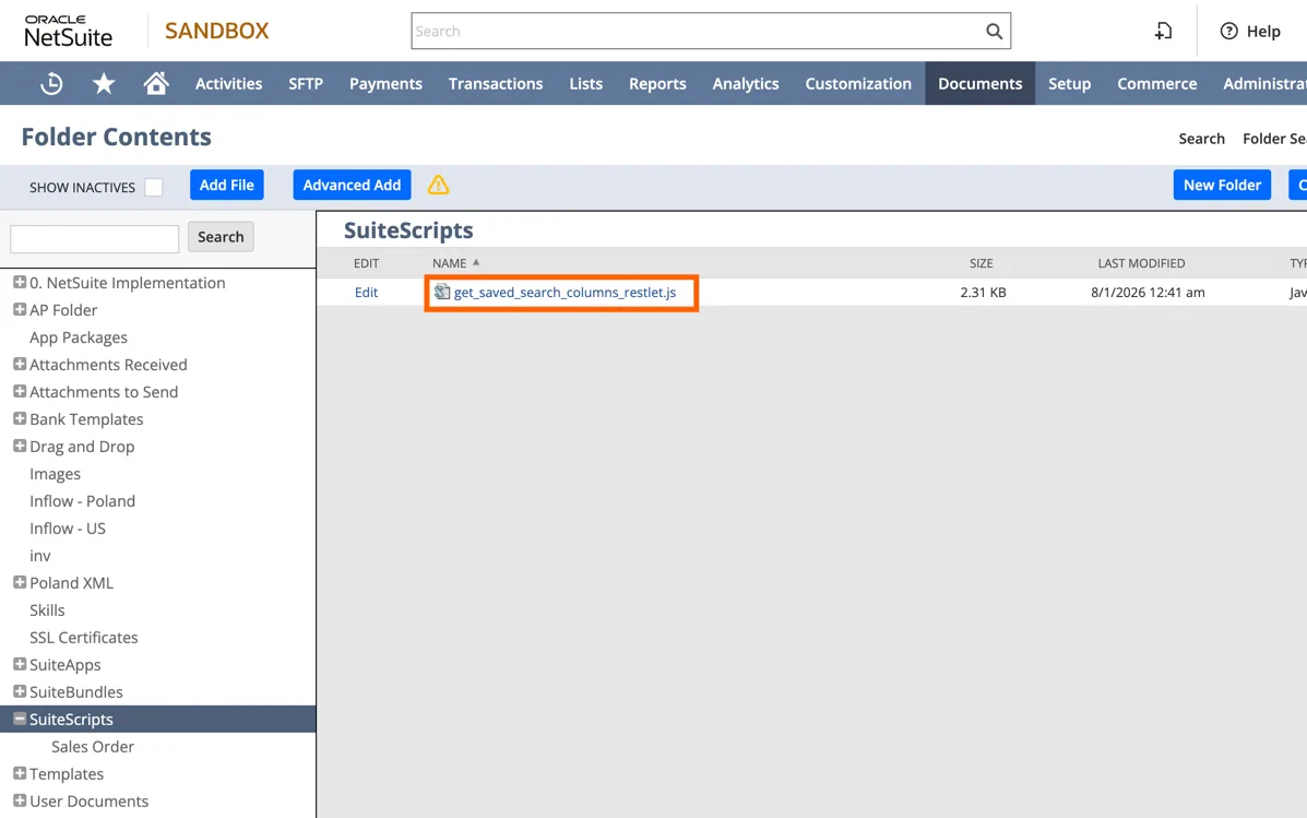 SuiteScripts folder in NetSuite showing the uploaded get_saved_search_columns_restlet.js file highlighted.