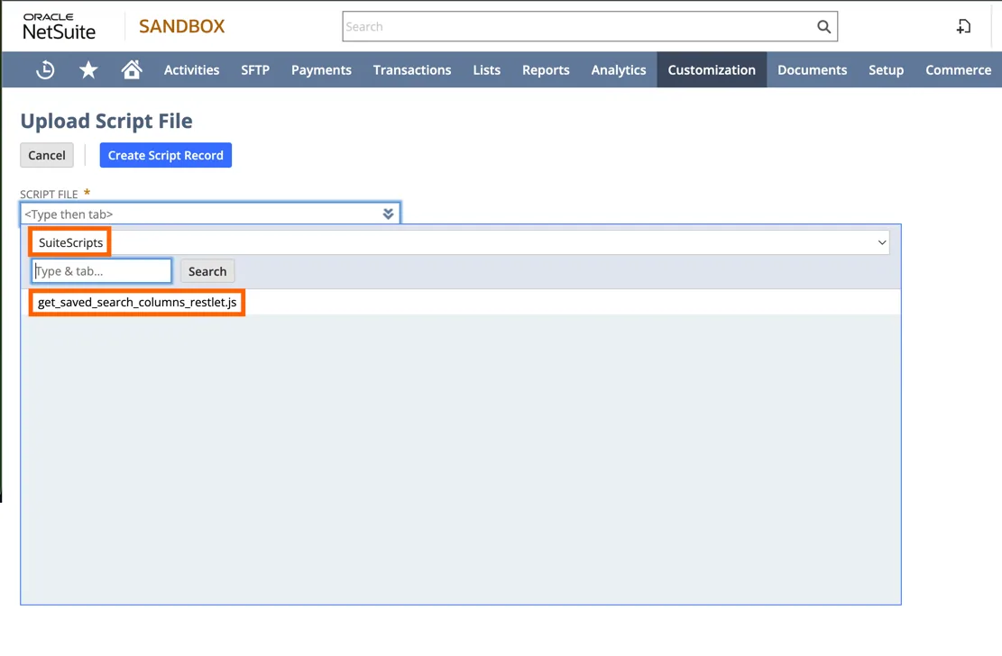 NetSuite Upload Script File page with the SuiteScripts folder and get_saved_search_columns_restlet.js selected in the Script File picker.