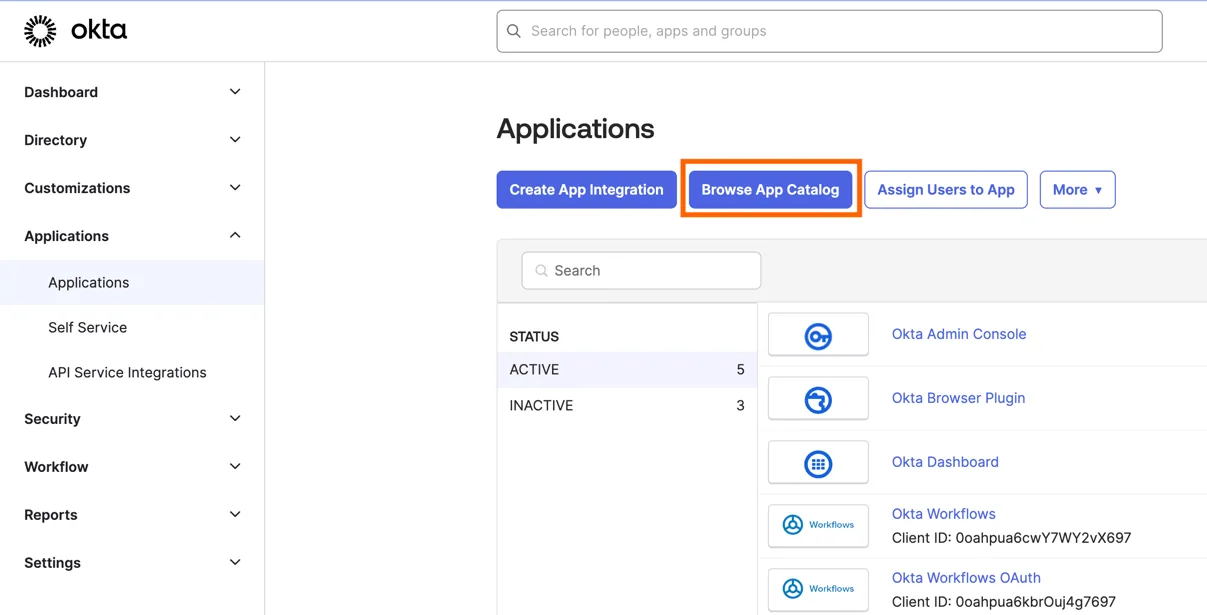 Okta admin Applications page with the "Browse App Catalog" button highlighted next to "Create App Integration".