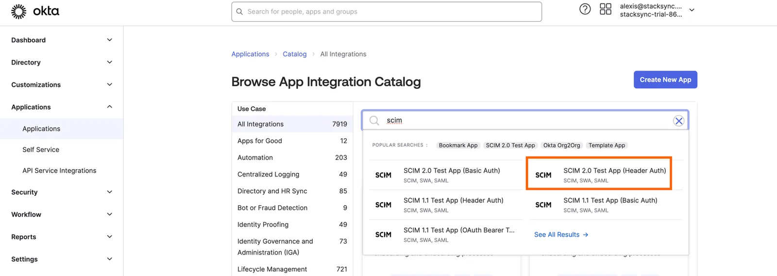 Okta App Integration Catalog search for "scim" with "SCIM 2.0 Test App (Header Auth)" highlighted.