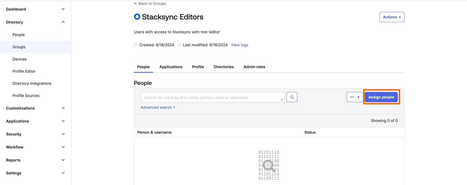 Okta "Stacksync Editors" group People tab with the "Assign people" button highlighted.