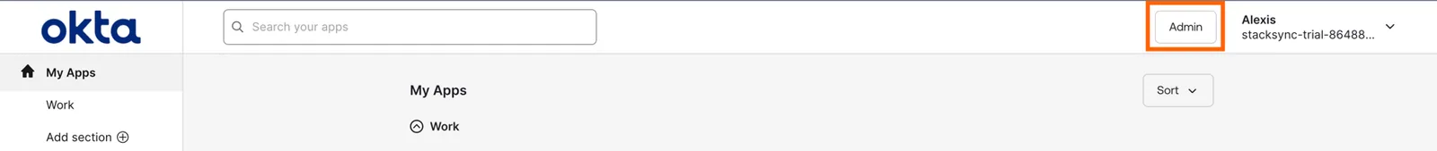Okta My Apps homepage with the "Admin" button highlighted in the top right.