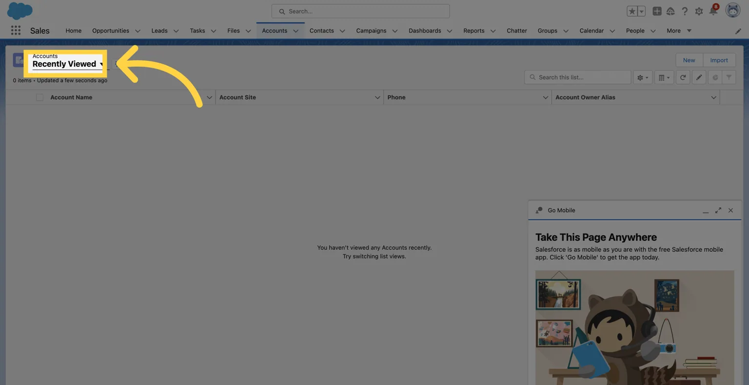 Salesforce Accounts list view with the "Recently Viewed" list selector highlighted