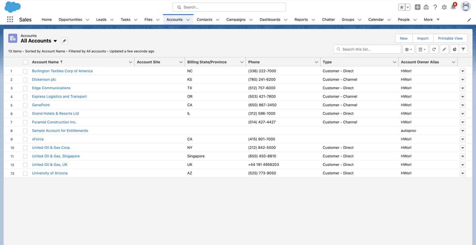 Salesforce "All Accounts" view listing 13 sample accounts with billing state, phone, type and owner