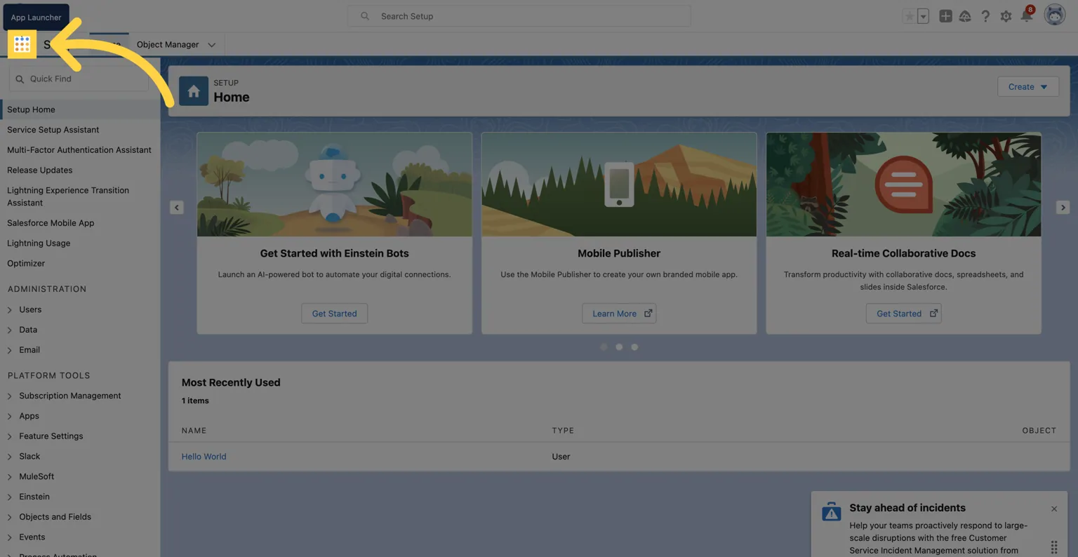 Salesforce Setup Home with an arrow pointing to the "App Launcher" grid icon in the top-left corner