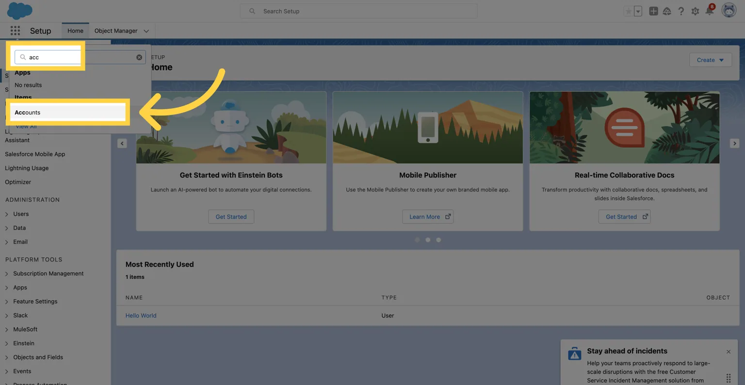 Salesforce App Launcher search with "acc" typed and the "Accounts" result highlighted