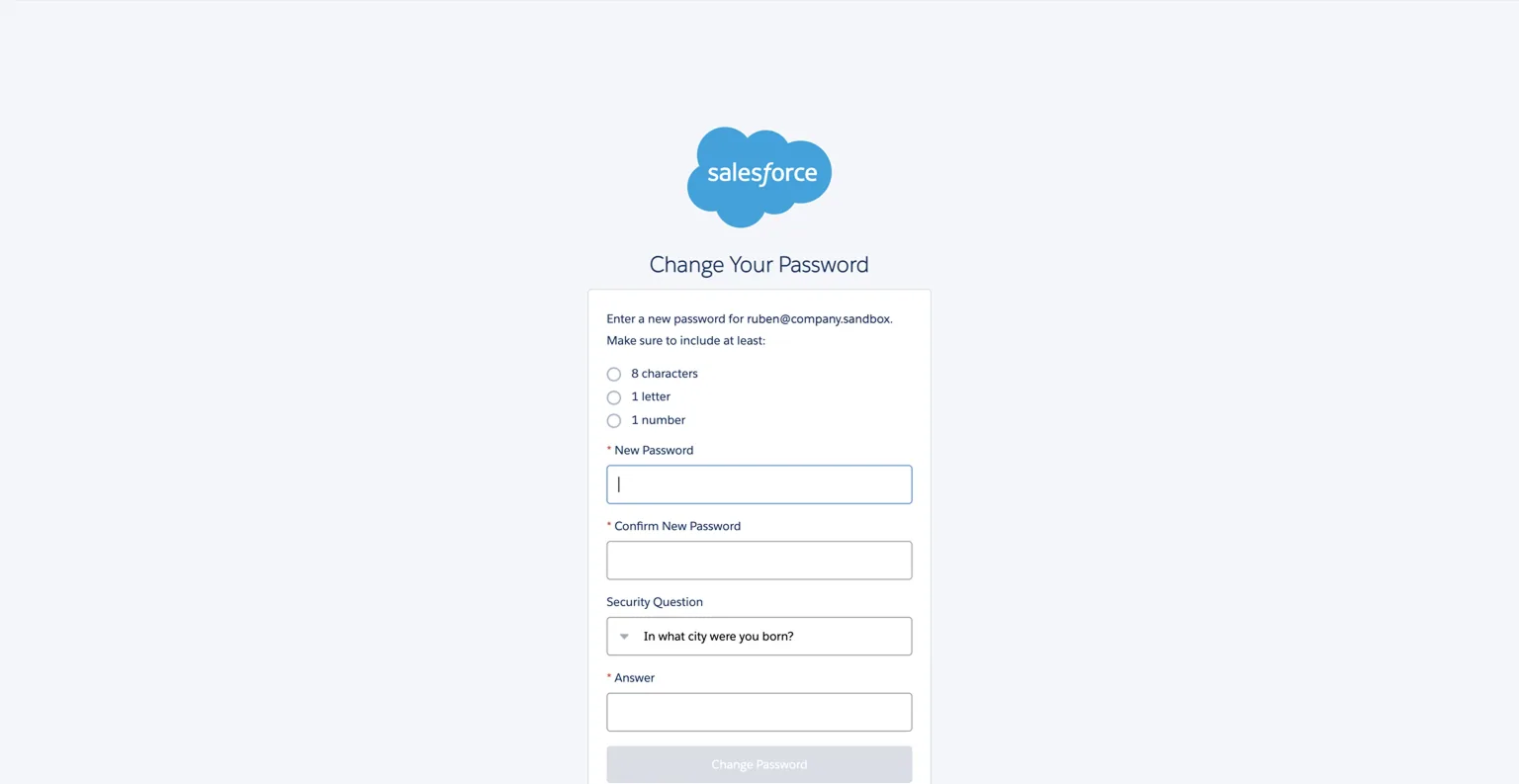 Salesforce "Change Your Password" page for a new developer instance user with password and security question fields