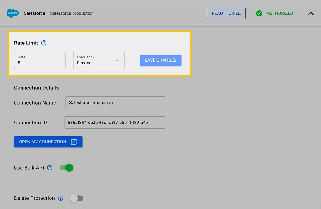 Salesforce connection settings with the Rate Limit section highlighted, set to Rate 5 per Second with a "Save changes" button.