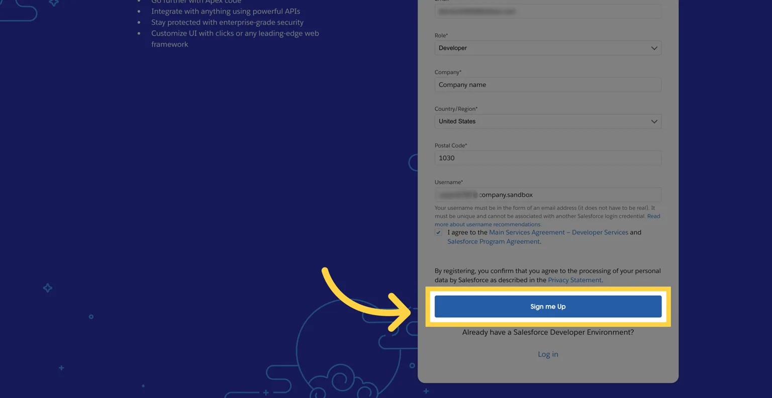 Completed Salesforce Developer Edition sign-up form with the "Sign me Up" button highlighted