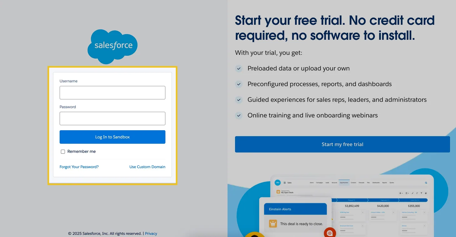 Salesforce login page with Username and Password fields and the "Log In to Sandbox" button highlighted
