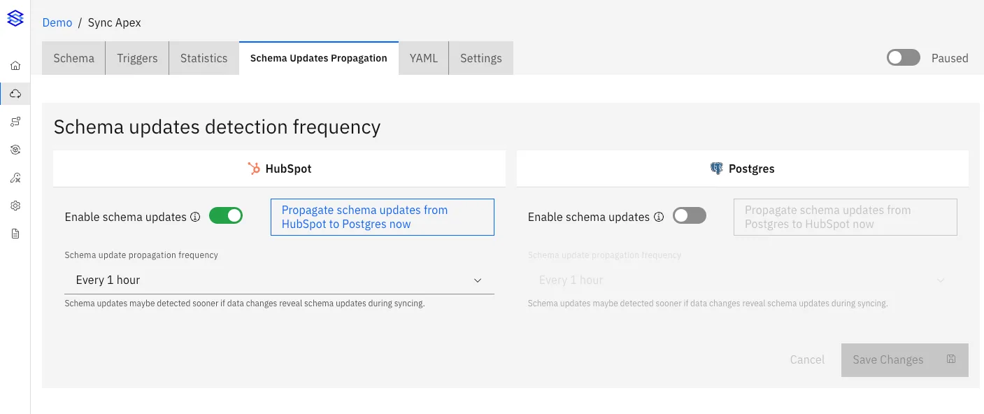 Schema Updates Propagation tab with HubSpot schema updates enabled at "Every 1 hour" and Postgres schema updates turned off.
