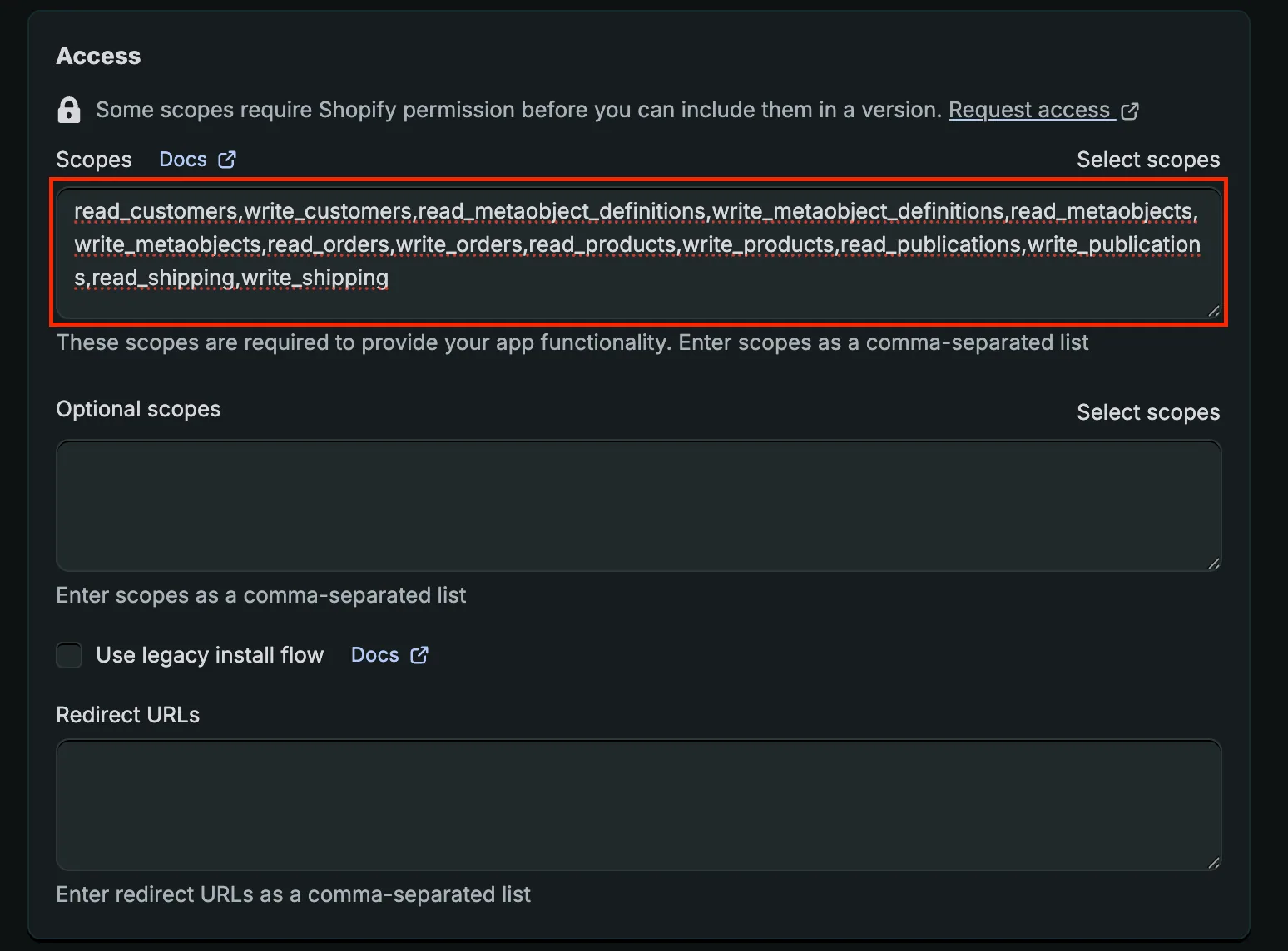 Shopify app Access settings with the required Scopes field highlighted, listing read/write scopes for customers, orders, products and more.