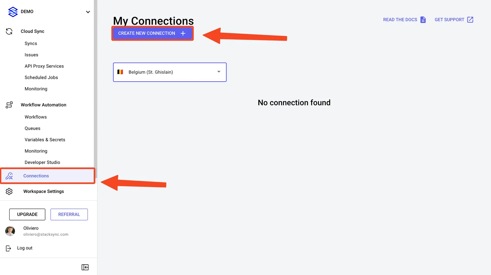 Stacksync My Connections page with arrows pointing to "Connections" in the sidebar and "CREATE NEW CONNECTION"