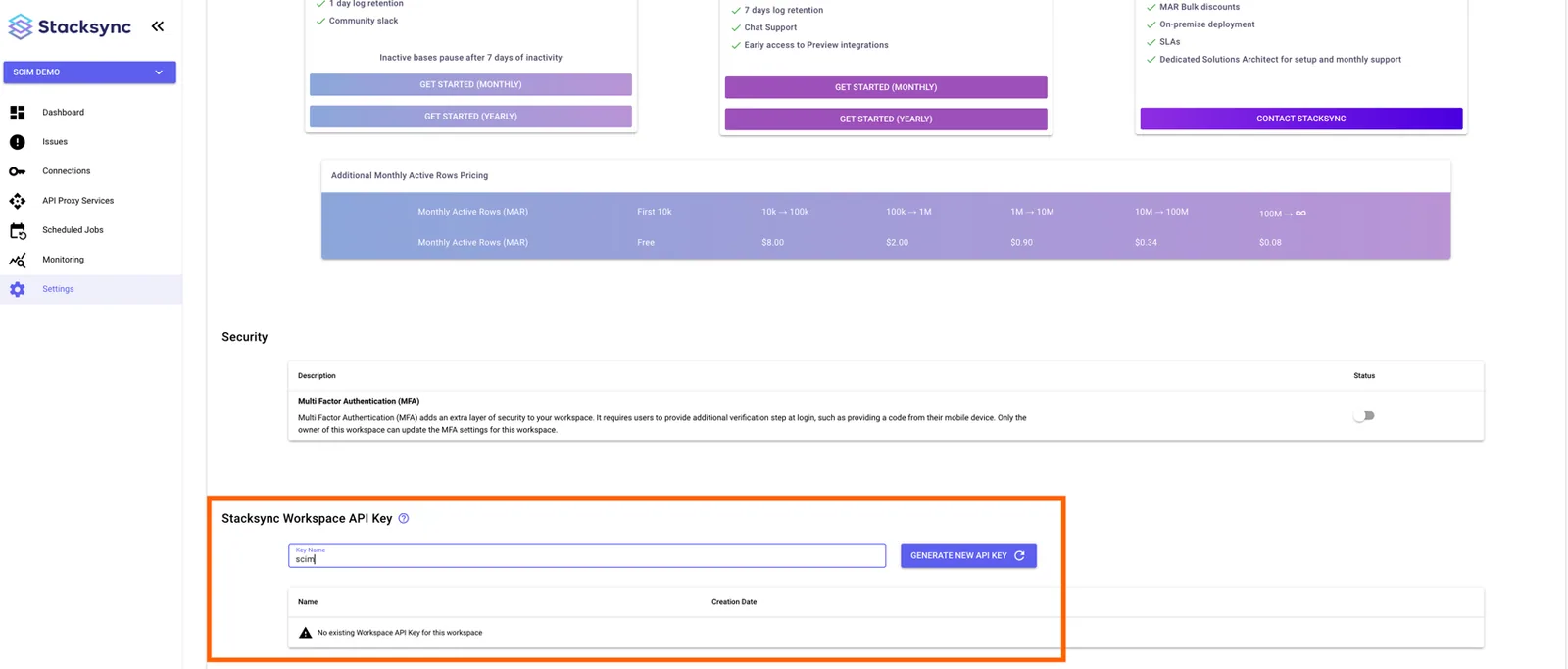 Bottom of Stacksync Settings with the Workspace API Key section highlighted, showing a key name field and "Generate new API key" button.