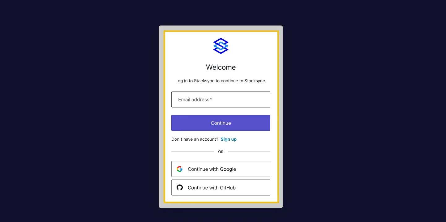 Stacksync "Welcome" login form with email, "Continue", "Sign up" link and Google or GitHub sign-in