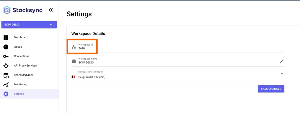Stacksync workspace Settings page with the Workspace Id (2610) highlighted under Workspace Details.