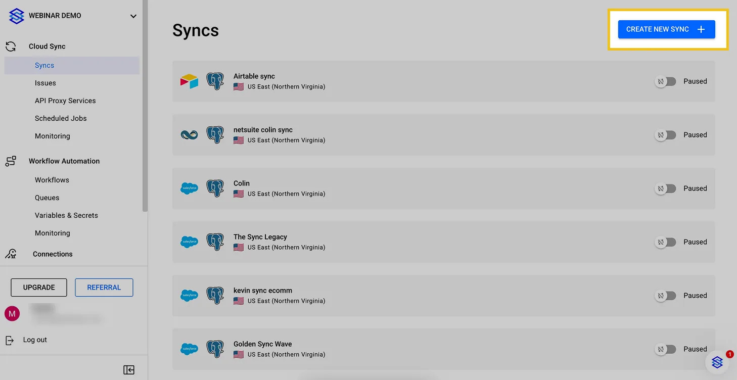 Stacksync Syncs page listing existing syncs with the "CREATE NEW SYNC" button highlighted