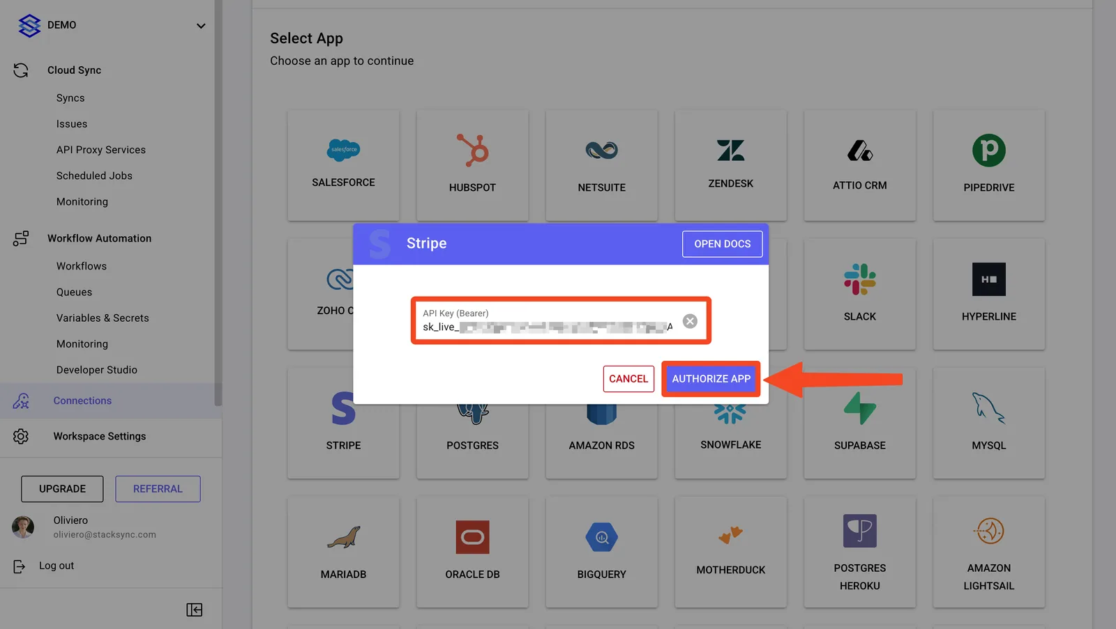 Stacksync Stripe dialog with the "API Key (Bearer)" field filled and "AUTHORIZE APP" highlighted