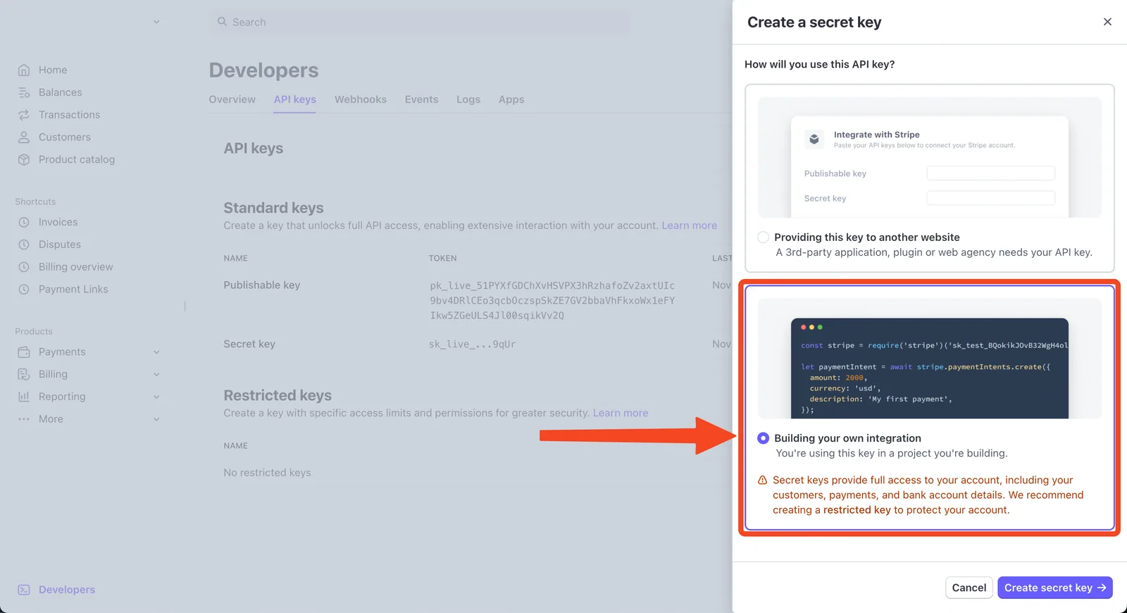 Stripe "Create a secret key" panel with "Building your own integration" selected and "Create secret key" button